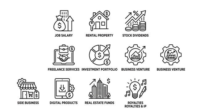 Business icons depicting revenue streams and professional services are presented in a structured layout.