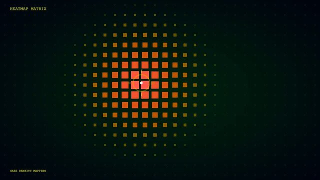 An eye gaze interface showing a moving target point across a dark grid of squares emitting orange light within a digital visualization of tracking movement