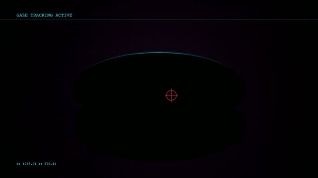 A digital eye gaze interface display shown within a triple panel screen capture featuring red tracking crosshairs and floating numerical coordinate data overlays across darkness