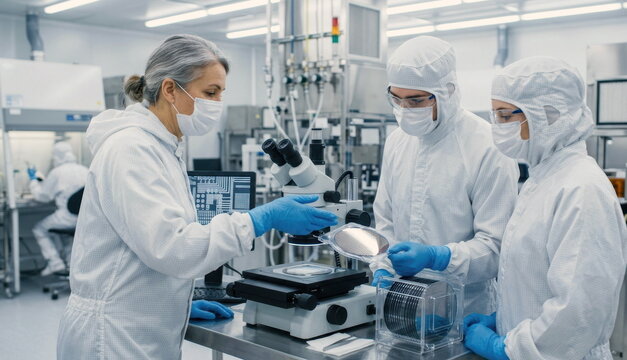 University cleanroom training with senior engineer guiding students in protective suits beside wafer carrier and microscope station