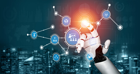 Obraz premium A robotic hand reaches towards a glowing network, illustrating the fusion of artificial intelligence and technology in a modern urban environment, showcasing innovation and connectivity. Tessel