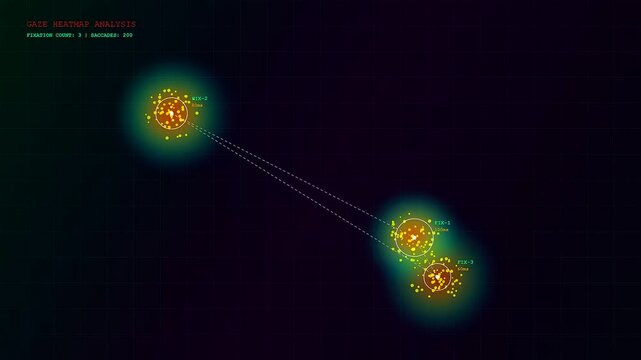An eye gaze interface display monitors ocular movement patterns within this digital screen capture showing multiple circular fixation points connected by lines on a dark void