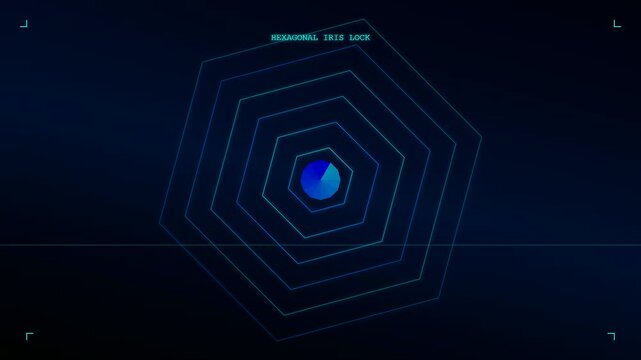 the eye gaze interface visualizes a digital iris expansion on a screen showing data processing elements across three chronological panels during a scanning sequence