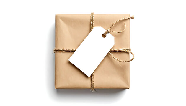 Wrapped gift box tied with golden string, blank tag attached, isolated on white background for personalization
