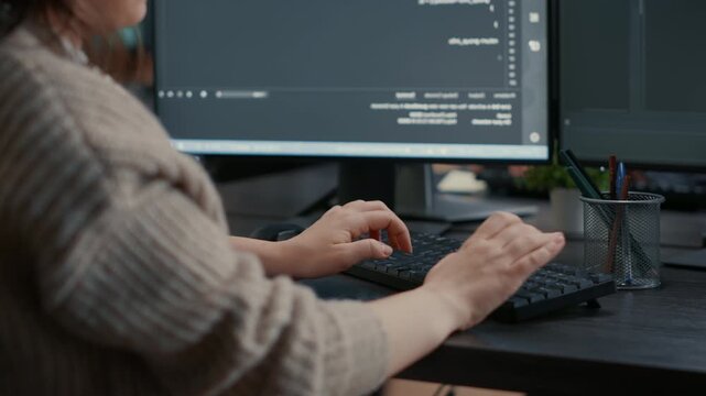 Close detail shows caucasian software coder hands typing on keyboard in front of computer screens with programming interface, connecting coding work and software development context.