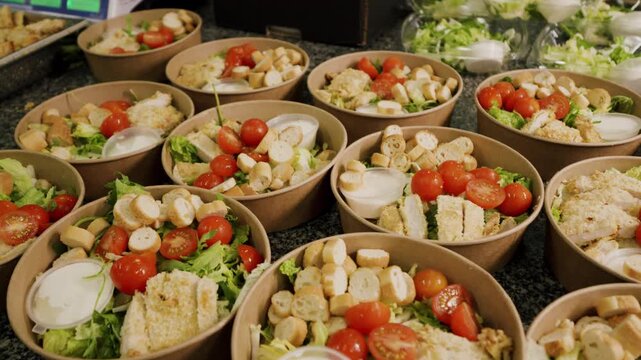 Freshly prepared salad bowls with lettuce, cherry tomatoes, croutons, and dressing arranged on a countertop in a kitchen setting, ready for serving or distribution