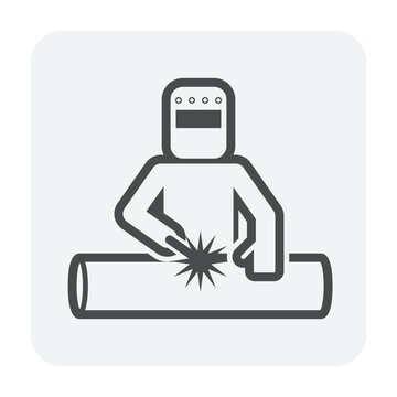Pipeline welding worker vector illustration icon showing welder joining steel pipe with protective welding mask, industrial fabrication, pipeline construction, metalworking and skilled trades.