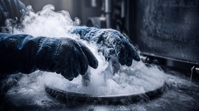 A close-up of a metal cryogenic vial being removed from cold storage, surrounded by thick liquid nitrogen steam. Represents advanced bio-banking, stem cell research, and cold-chain logistics.
