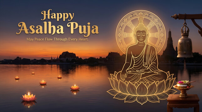 Happy Asalha Puja Buddhist Festival River Temple Banner