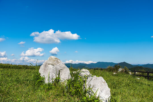 Akiyoshidai Karst Plateau under a Clear Blue Sky