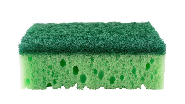 Isolated green kitchen cleaning sponge with scrubber side for dishwashing and household chores