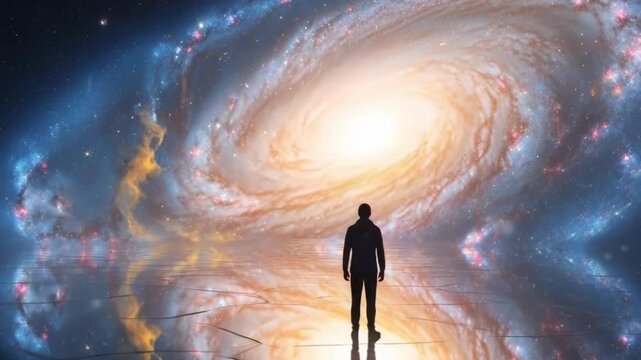A person standing before a massive glowing spiral galaxy
