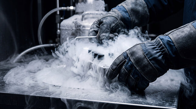 Scientist hand in glove holding a cryovial with an embryo during in vitro fertilization - ivf - process, lowering it into liquid nitrogen for cryopreservation in a laboratory