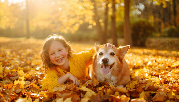 Happy Child with Dog Playing in Autumn Leaves at Sunset