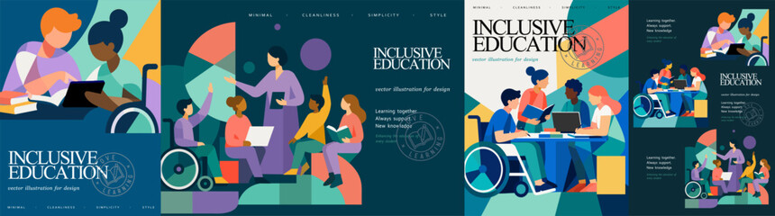 Fototapeta na wymiar Inclusive education. Vector modern illustration of a lesson with a teacher, diverse students, wheelchair users and learning in a geometric style for a school, college, background, poster or banner.