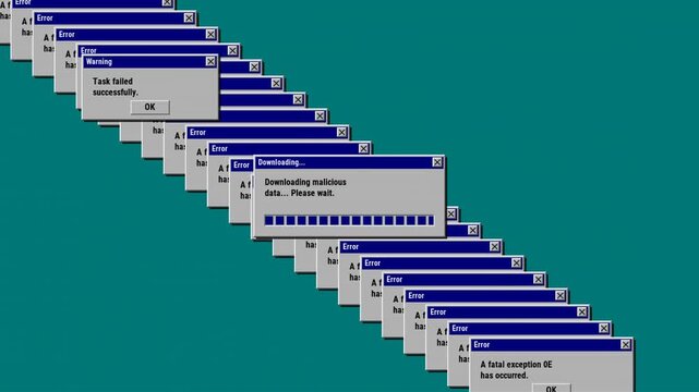 Old computer error messages and windows warning, downloading malicious data and fatal exception has occurred footage.