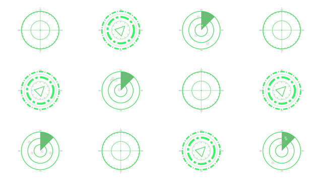 Green digital radar scanning interfaces set for tactical hud display designs.