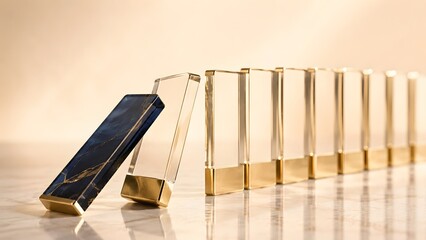Luxury dark blue marble domino with gold veins pushing clear glass dominoes on a bright marble surface representing elegant business strategy © Ridwan_DigitalGrid
