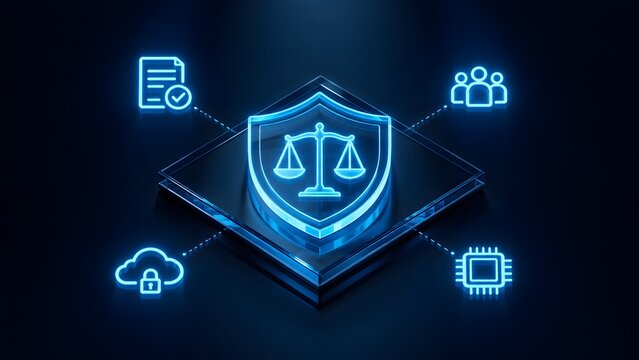 Glowing digital scale of justice on a shield surrounded by tech icons representing AI ethics cyber law and data privacy