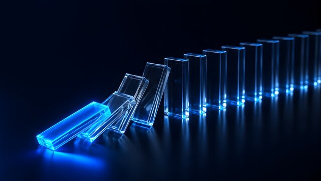 Glowing blue glass domino falling and starting a chain reaction representing business disruption and cause and effect