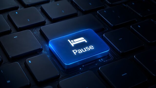 Glowing blue computer keyboard button with bed icon and pause text representing digital detox and taking a break from technology