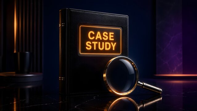 Thick black leather book with glowing neon orange case study text on cover next to a magnifying glass for business research