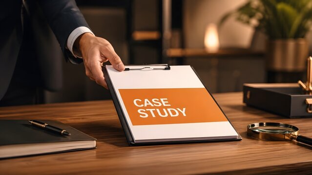Businessman handing over a clipboard with case study document on wooden desk with magnifying glass and pen