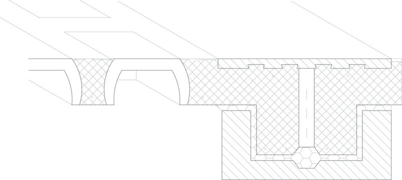 Technical CAD cross-section of a building detail showing curved flashing, insulation hatching, and a wall section with an embedded anchor bolt.