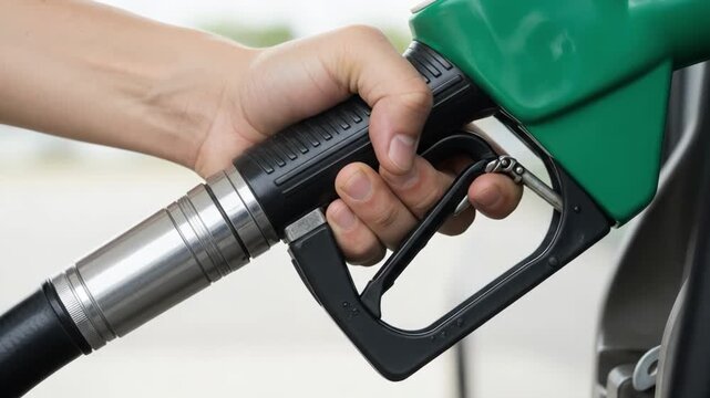 Hand holding a green fuel pump nozzle