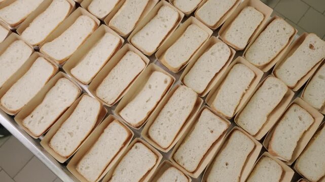 Rows of freshly baked bread loaves in rectangular molds arranged neatly on a stainless steel tray in a bright kitchen setting, showcasing the baking process