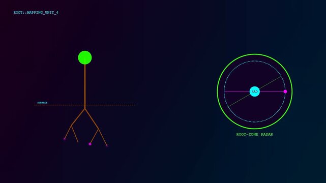 Digital soil sensors monitor plant roots through a rotating radial interface within a dark virtual environment displayed in a triple panel visual progression sequence