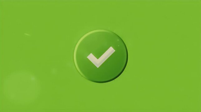 Glossy Green Round Button With White Checkmark Symbol For UI Design And Success Concept