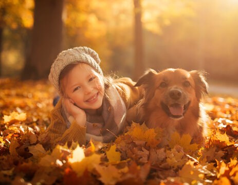 Happy Child with Dog Playing in Autumn Leaves at Sunset