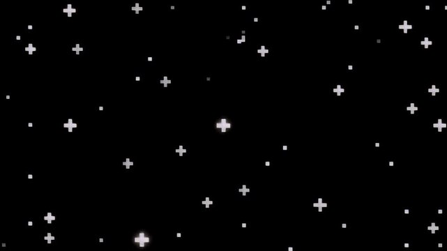 Minimalist Motion Graphics Overlay Featuring Scattered White Plus Signs and Squares on Black Background