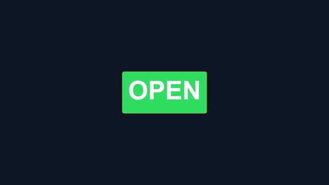 Open sign red label animation on dark 4k background, for business hours, and retail storefronts