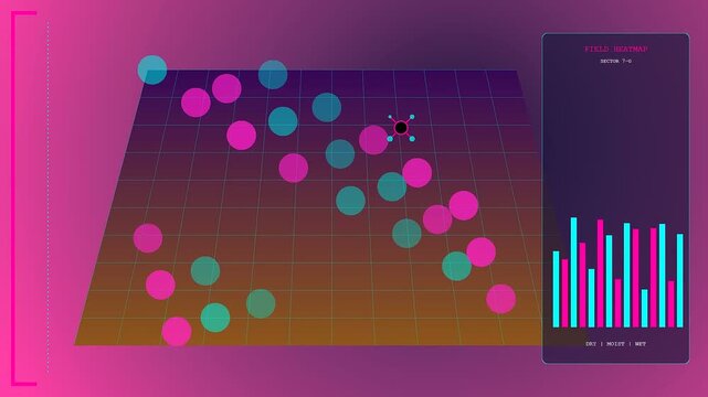 Digital soil sensors visualize agricultural field data patterns through a glowing interface showing active moisture levels and crop status in a rotating grid layout display
