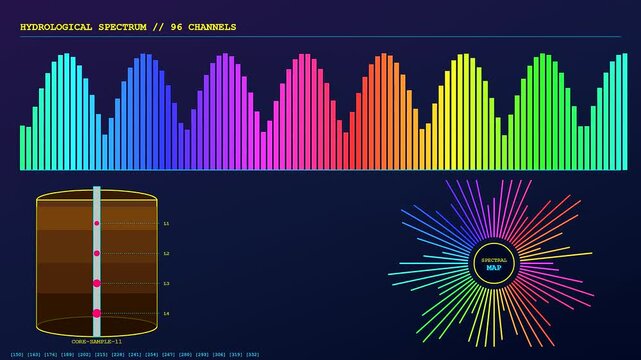 Soil sensors displayed in a digital interface featuring rhythmic bar graphs alongside colorful radial maps to represent geological data readings in a dark blue laboratory