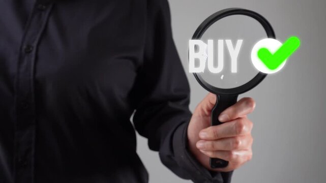 A person with a magnifying glass is examining the word "BUY" with a green checkmark. This implies approval or a purchase decision.