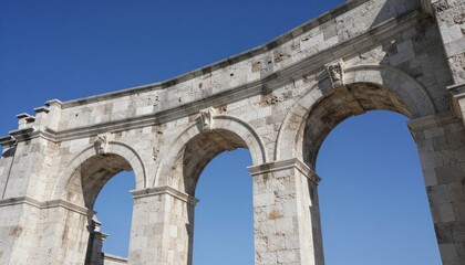 Obraz premium Ancient Roman Stone Aqueduct Arches Against Blue Sky