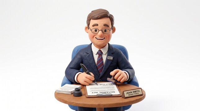 Smiling Notary Public Character Signing Document with Stamp