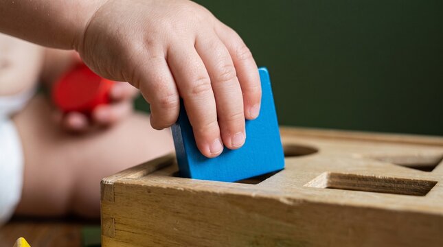 Baby hand playing with wooden shape sorter toy