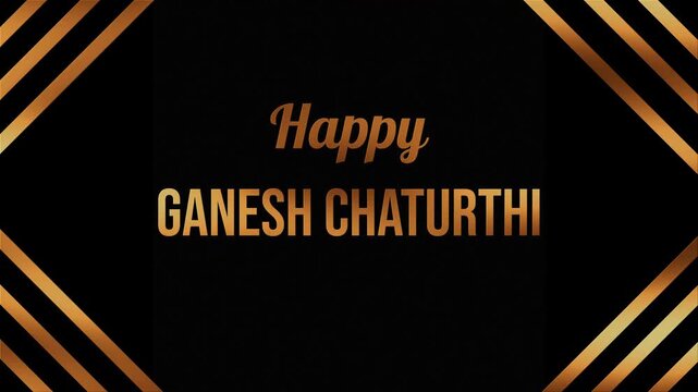 Black background with gold lines. Gold text reads "Happy Ganesh Chaturthi". Design looks elegant and festive. Perfect for greeting cards or banners. Use for celebration events or social media posts