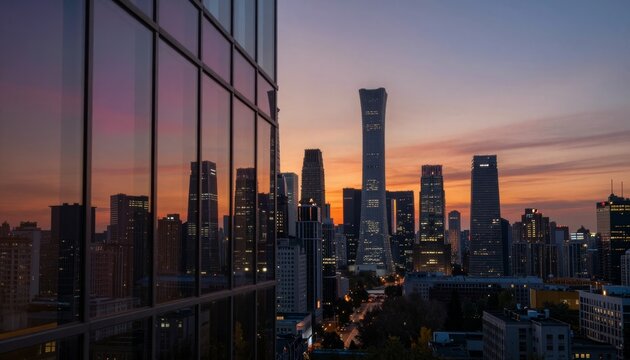 Beijing CBD Skyline Sunset with Glass Building Reflection