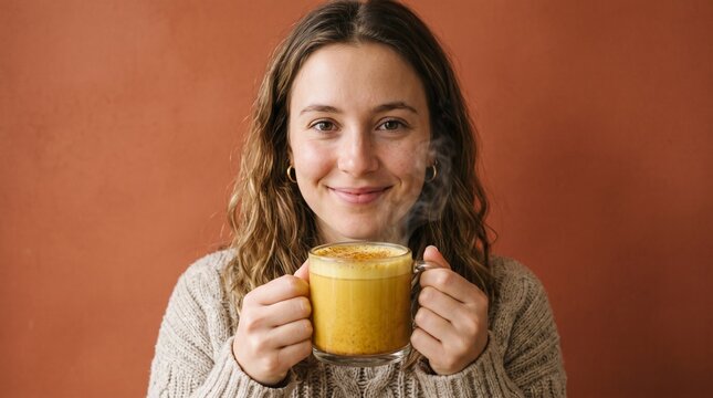 Young woman holding a warm mug of golden turmeric latte with steam rising