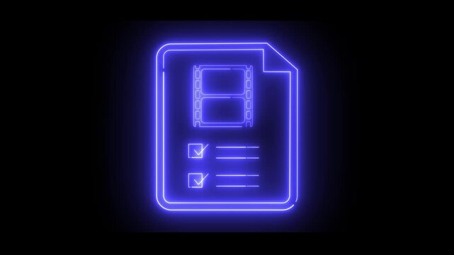 Neon light icon of a document including check boxes and list lines, and a film reel icon.