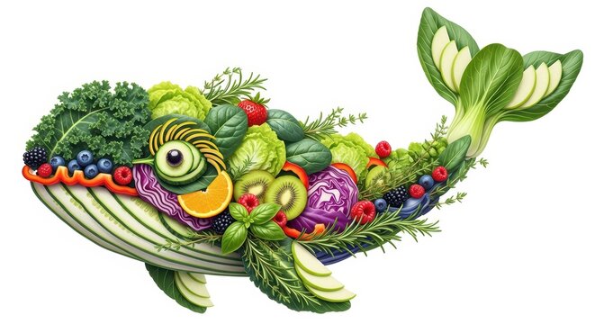 Healthy whale made of fresh vegetables and fruits