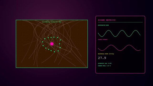 Soil sensors detect microbial fluctuations in a digital interface displaying wave patterns and circular node metrics within a dark purple atmospheric environment with flowing light trails