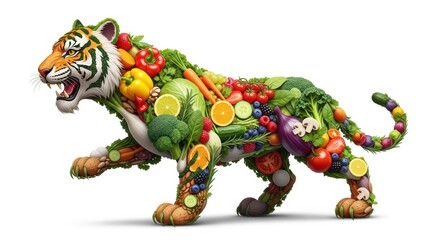 Fototapeta premium Tiger made of vegetables and fruits, healthy eating concept