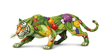 Fototapeta premium Tiger made of vegetables and fruits, healthy food art