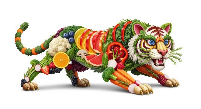 Tiger made of fruits and vegetables, healthy eating concept